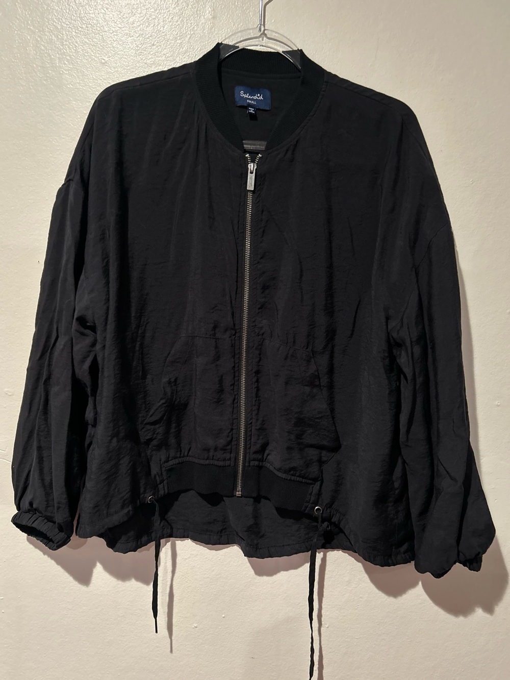 Splendid Oversized Black Lightweight Bomber Jacket Utility Drawstring Small EUC